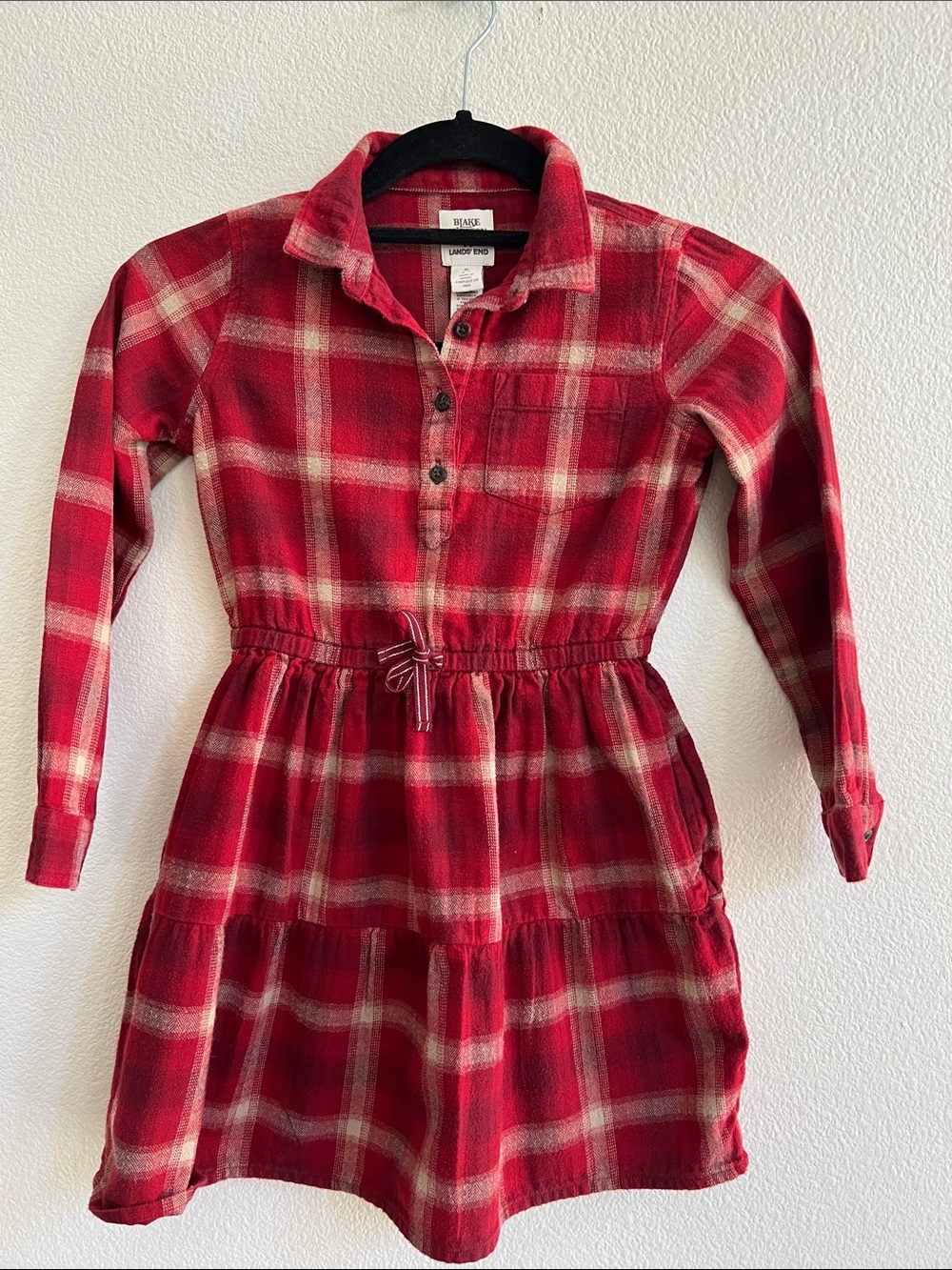 Blake Shelton x Land's End Girls LS Flannel Collar Shirt Dress Red/Cream Plaid S